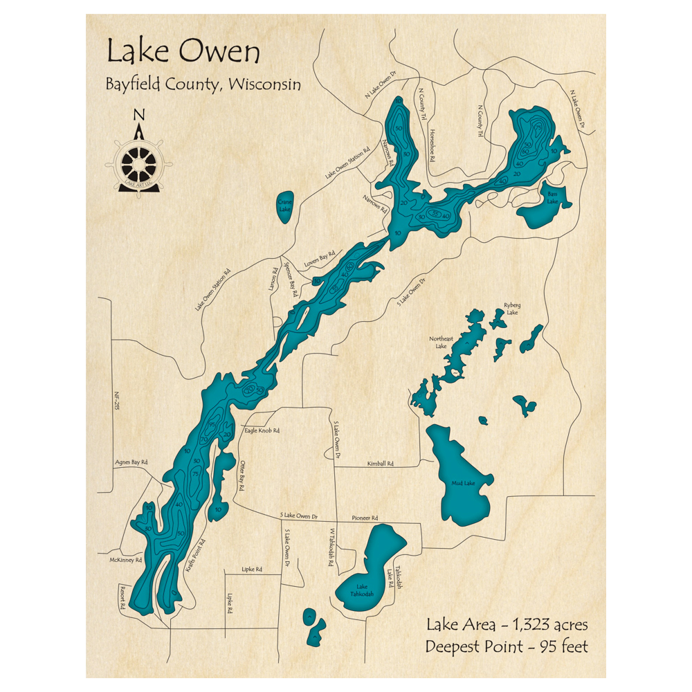 Bathymetric topo map of Lake Owen, WI with roads, towns and depths noted in blue water.
