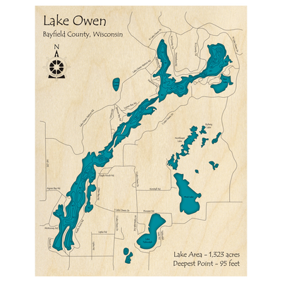 Bathymetric topo map of Lake Owen, WI with roads, towns and depths noted in blue water.