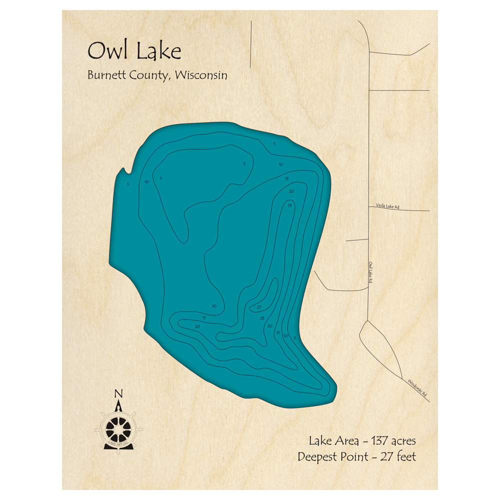 Bathymetric topo map of Owl Lake, WI with roads, towns and depths noted in blue water.