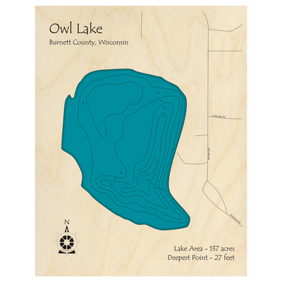 Bathymetric topo map of Owl Lake, WI with roads, towns and depths noted in blue water.