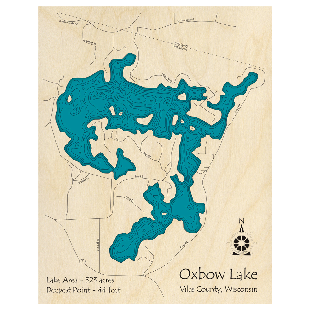 Bathymetric topo map of Oxbow Lake, WI with roads, towns and depths noted in blue water.