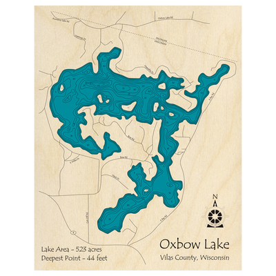 Bathymetric topo map of Oxbow Lake, WI with roads, towns and depths noted in blue water.