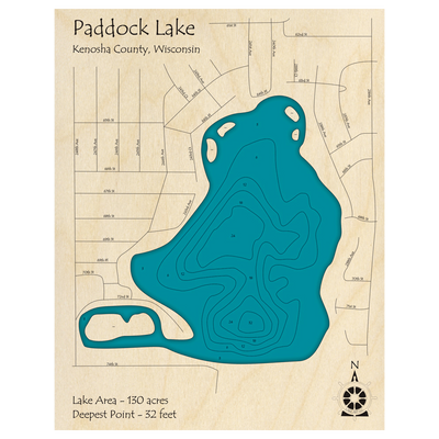 Bathymetric topo map of Paddock Lake, WI with roads, towns and depths noted in blue water.