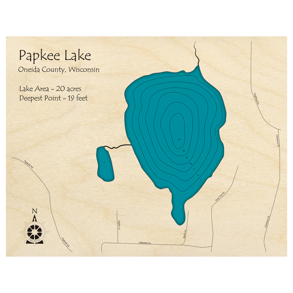Bathymetric topo map of Papkee Lake, WI with roads, towns and depths noted in blue water.