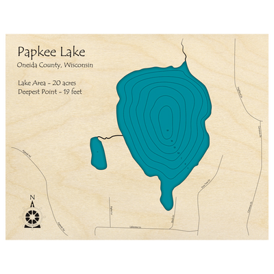 Bathymetric topo map of Papkee Lake, WI with roads, towns and depths noted in blue water.