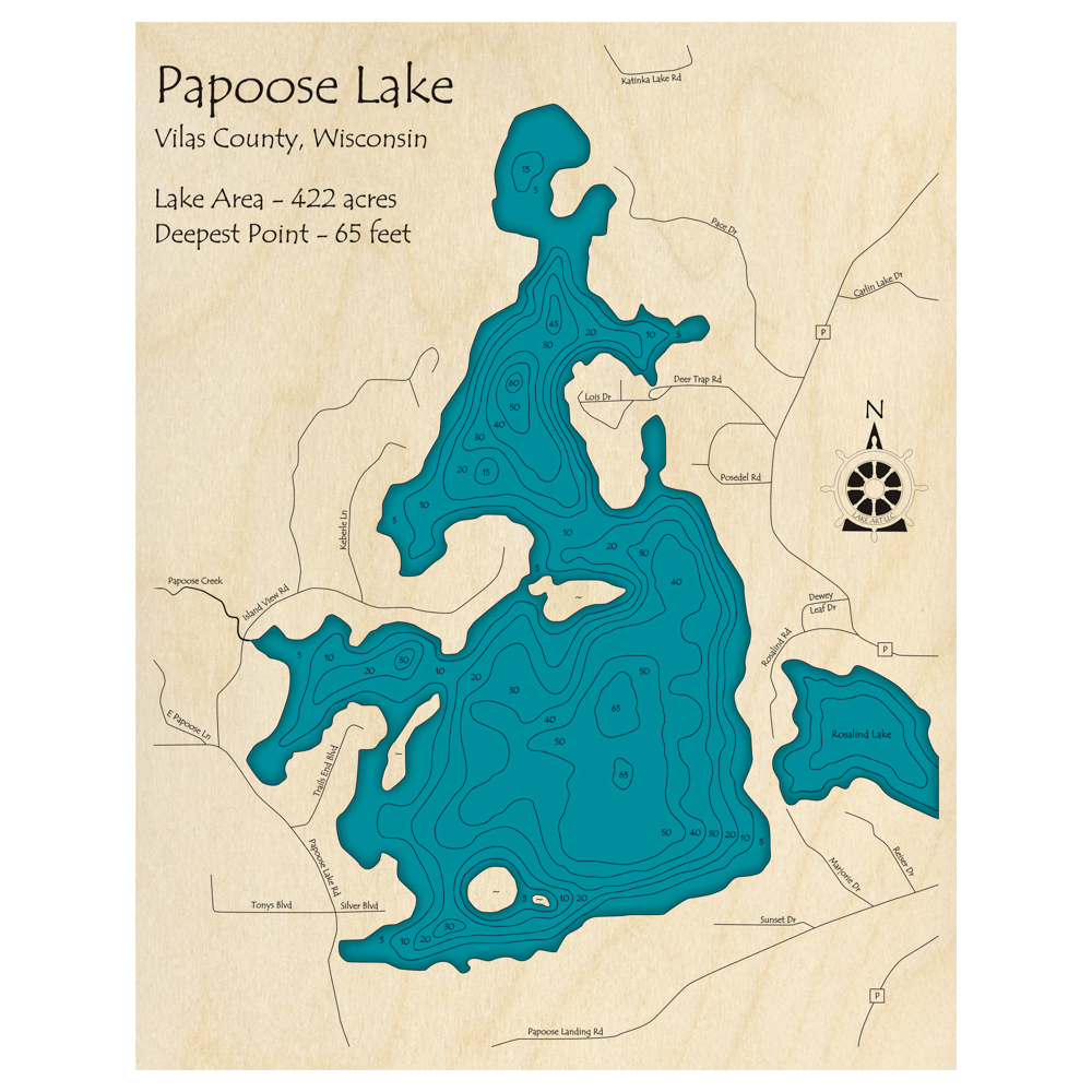 Bathymetric topo map of Papoose Lake, WI with roads, towns and depths noted in blue water.