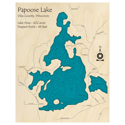 Bathymetric topo map of Papoose Lake, WI with roads, towns and depths noted in blue water.