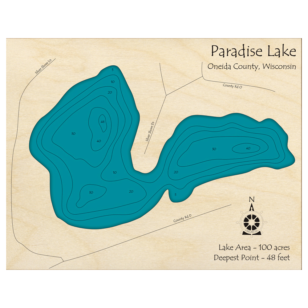 Bathymetric topo map of Paradise Lake, WI with roads, towns and depths noted in blue water.