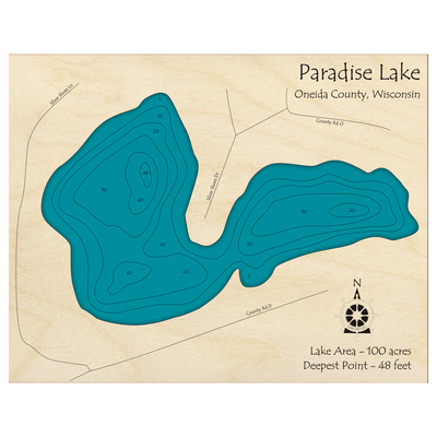 Bathymetric topo map of Paradise Lake, WI with roads, towns and depths noted in blue water.