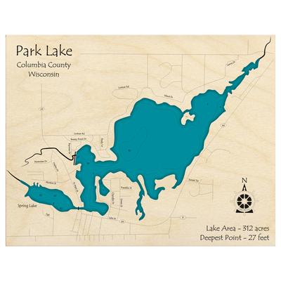Bathymetric topo map of Park Lake, WI with roads, towns and depths noted in blue water.