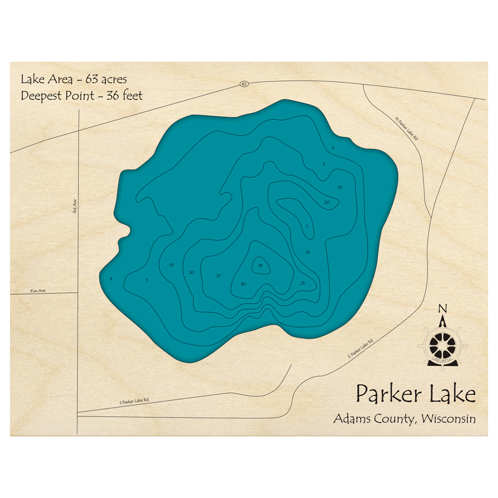 Bathymetric topo map of Parker Lake, WI with roads, towns and depths noted in blue water.