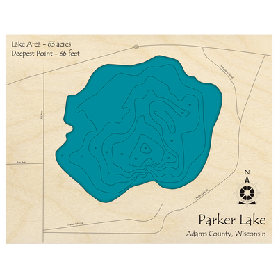 Bathymetric topo map of Parker Lake, WI with roads, towns and depths noted in blue water.