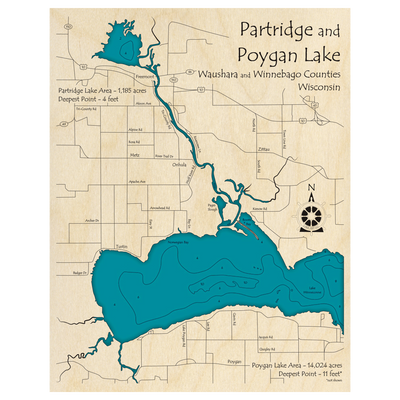 Bathymetric topo map of Lake Poygan, WI with roads, towns and depths noted in blue water.