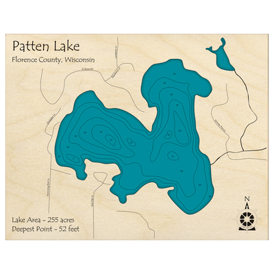 Bathymetric topo map of Patten Lake, WI with roads, towns and depths noted in blue water.