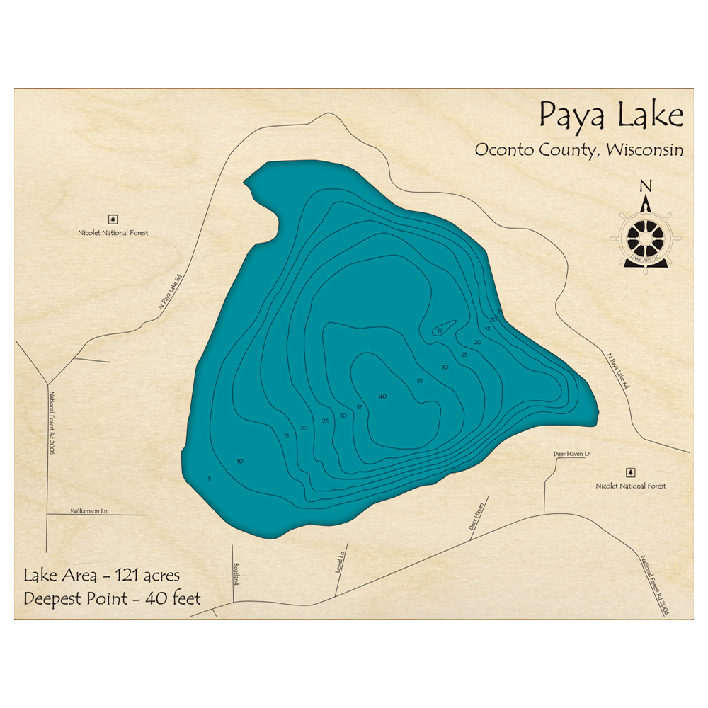 Bathymetric topo map of Paya Lake, WI with roads, towns and depths noted in blue water.