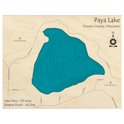 Bathymetric topo map of Paya Lake, WI with roads, towns and depths noted in blue water.