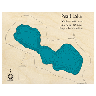 Bathymetric topo map of Pearl Lake, WI with roads, towns and depths noted in blue water.
