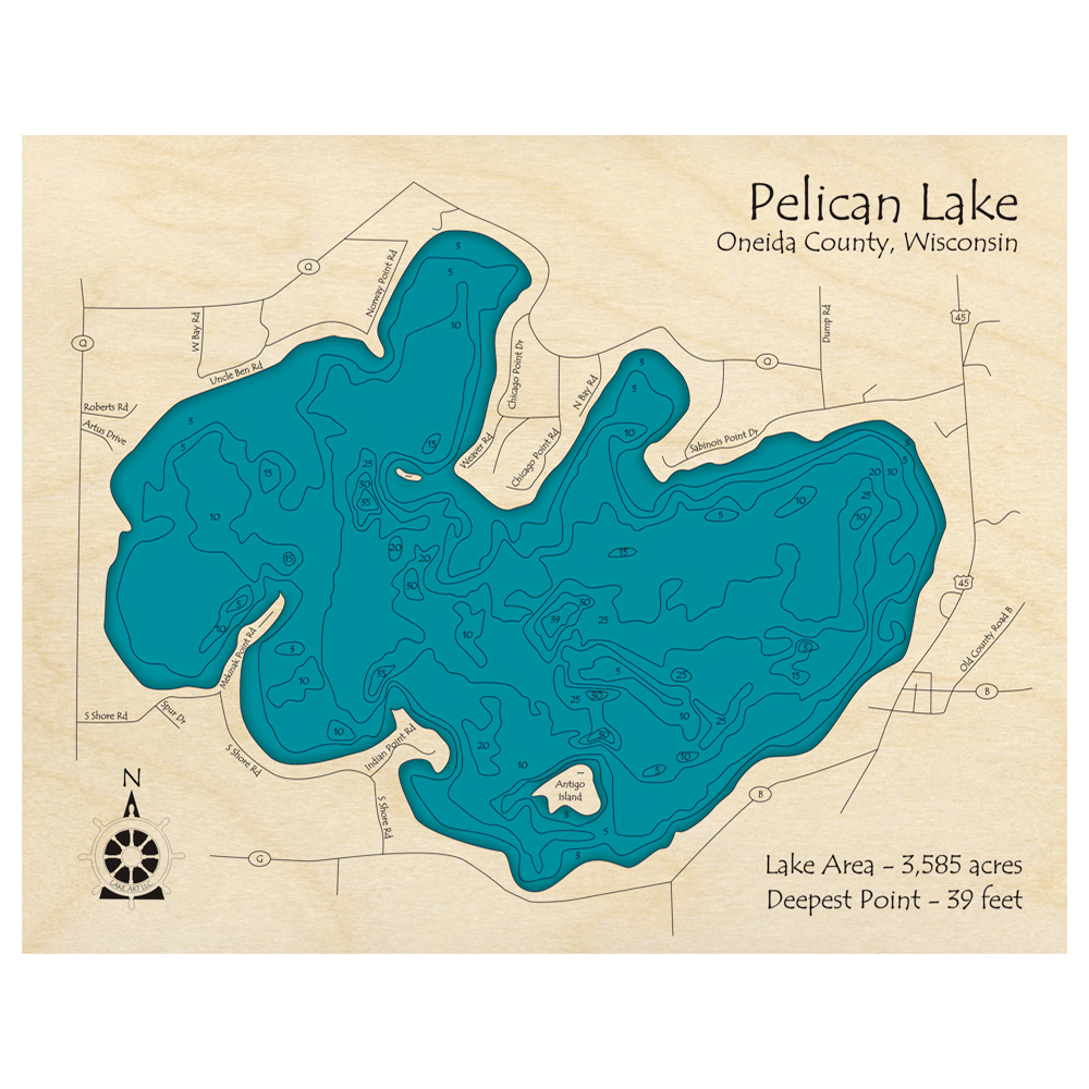 Bathymetric topo map of Pelican Lake, WI with roads, towns and depths noted in blue water.