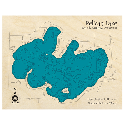 Bathymetric topo map of Pelican Lake, WI with roads, towns and depths noted in blue water.