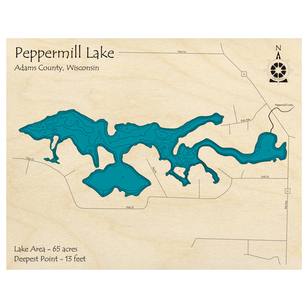 Bathymetric topo map of Peppermill Lake, WI with roads, towns and depths noted in blue water.