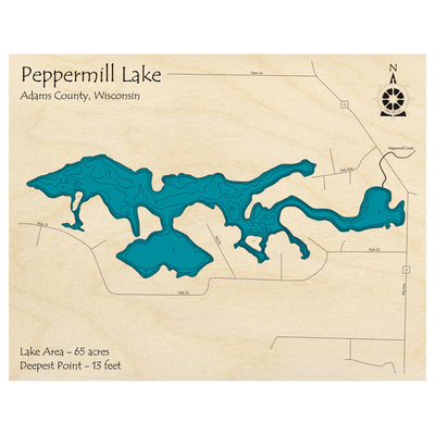 Bathymetric topo map of Peppermill Lake, WI with roads, towns and depths noted in blue water.