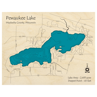 Bathymetric topo map of Pewaukee Lake, WI with roads, towns and depths noted in blue water.