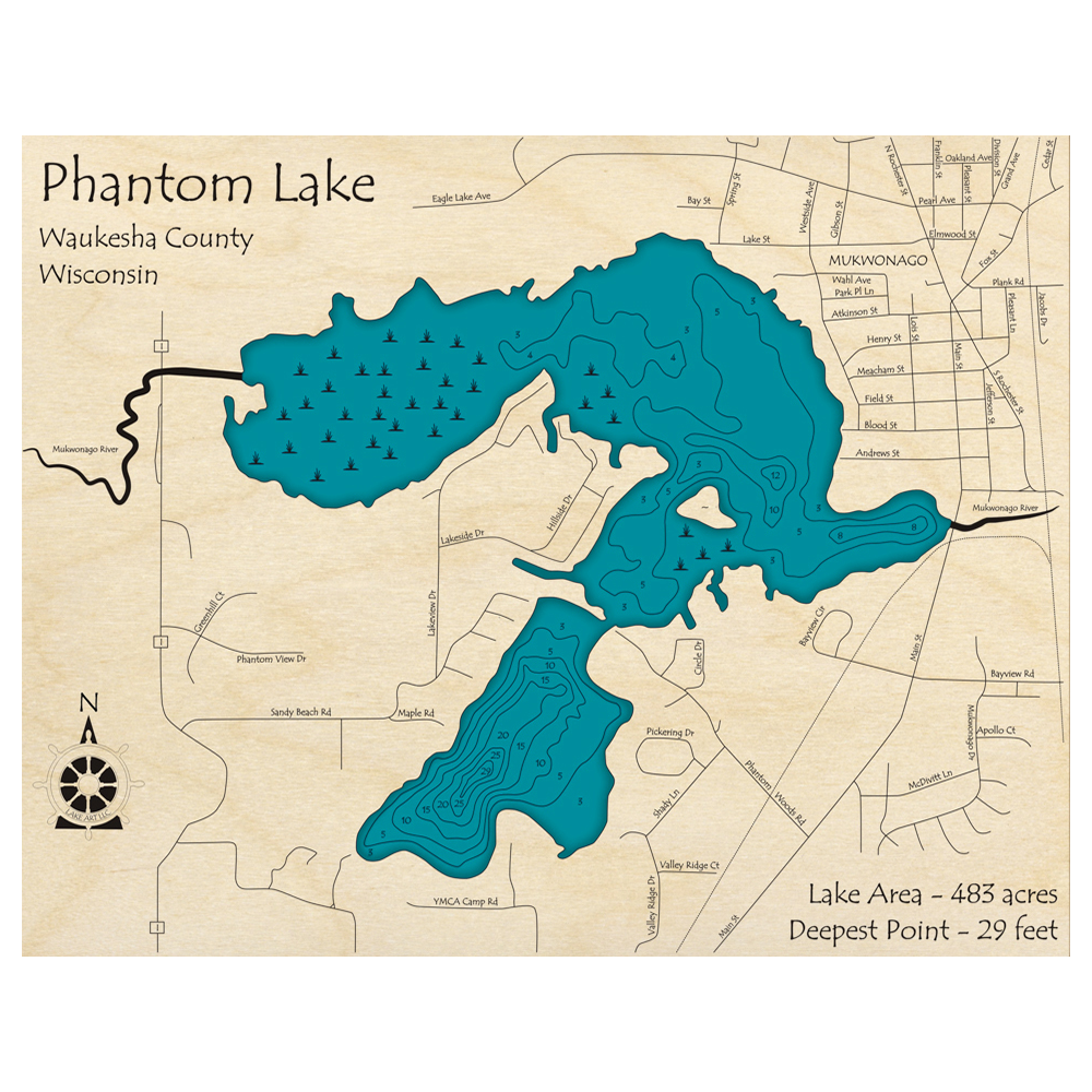 Bathymetric topo map of Phantom Lake, WI with roads, towns and depths noted in blue water.