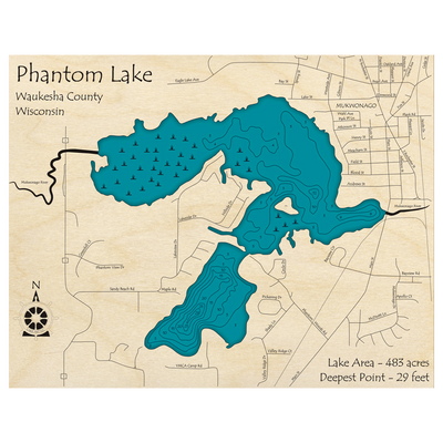 Bathymetric topo map of Phantom Lake, WI with roads, towns and depths noted in blue water.