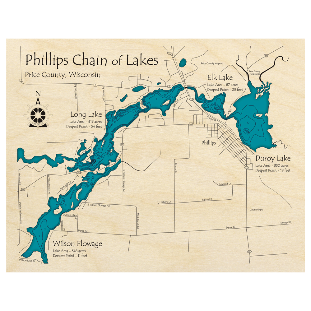Bathymetric topo map of Phillips Chain, WI with roads, towns and depths noted in blue water.