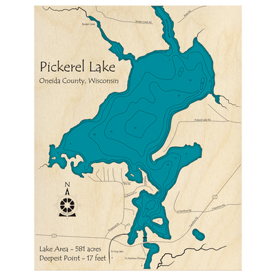 Bathymetric topo map of Pickerel Lake, WI with roads, towns and depths noted in blue water.