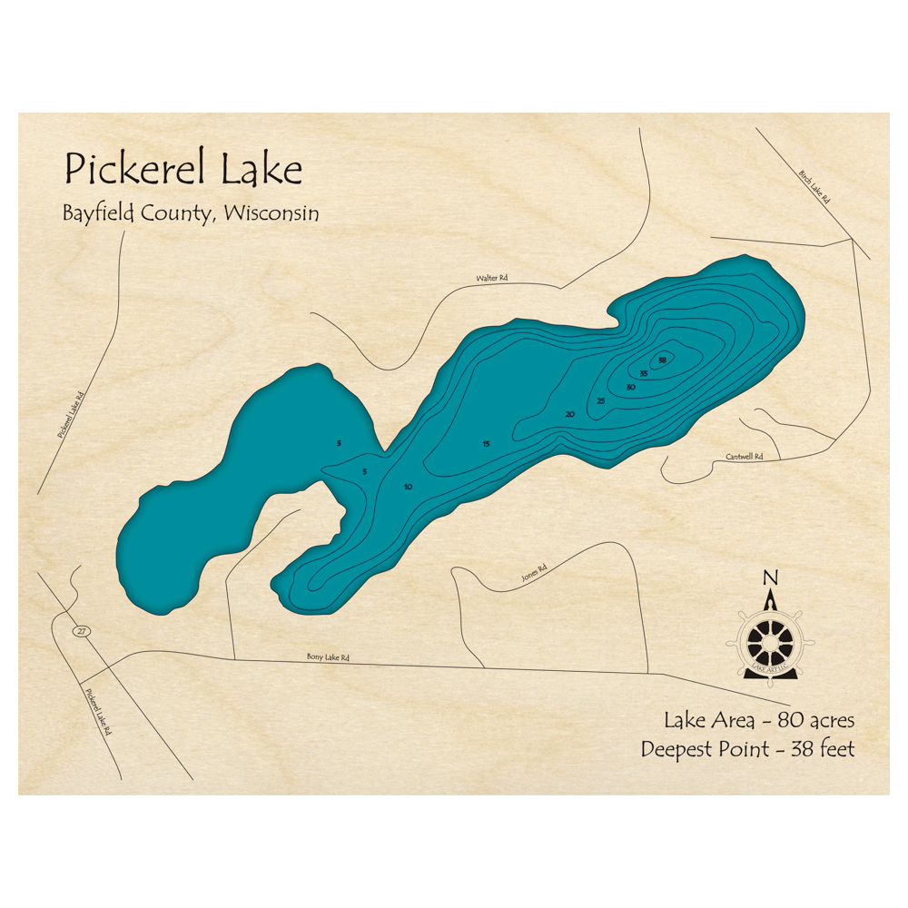 Bathymetric topo map of Pickerel Lake, WI with roads, towns and depths noted in blue water.