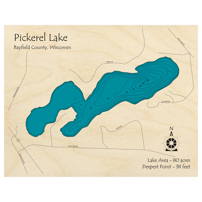 Bathymetric topo map of Pickerel Lake, WI with roads, towns and depths noted in blue water.