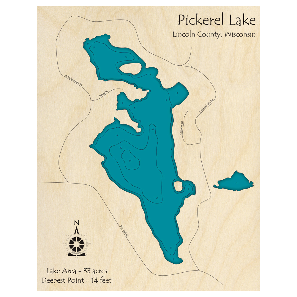 Bathymetric topo map of Pickerel Lake, WI with roads, towns and depths noted in blue water.