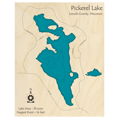 Bathymetric topo map of Pickerel Lake, WI with roads, towns and depths noted in blue water.