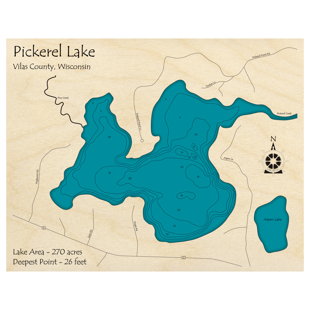 Bathymetric topo map of Pickerel Lake, WI with roads, towns and depths noted in blue water.