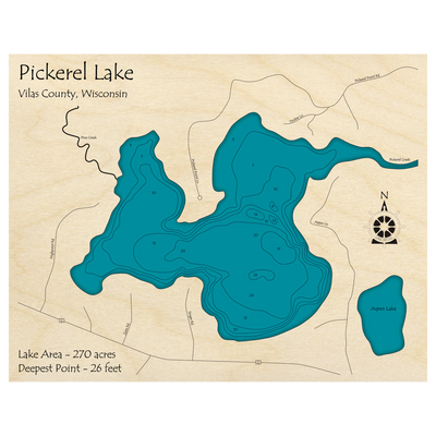 Bathymetric topo map of Pickerel Lake, WI with roads, towns and depths noted in blue water.