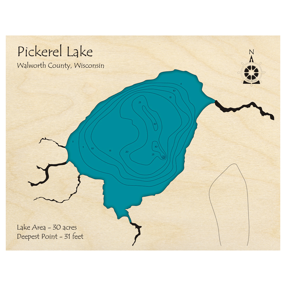 Bathymetric topo map of Pickerel Lake, WI with roads, towns and depths noted in blue water.