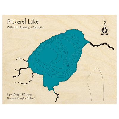 Bathymetric topo map of Pickerel Lake, WI with roads, towns and depths noted in blue water.