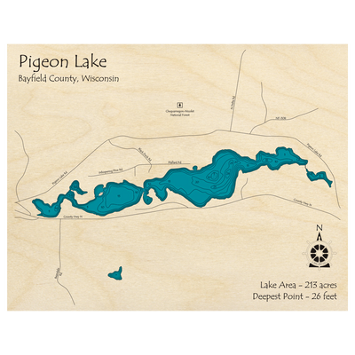 Bathymetric topo map of Pigeon Lake, WI with roads, towns and depths noted in blue water.