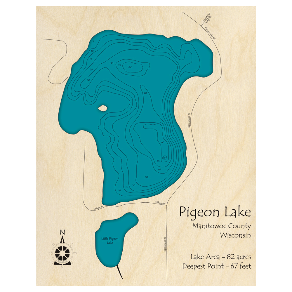 Bathymetric topo map of Pigeon Lake, WI with roads, towns and depths noted in blue water.