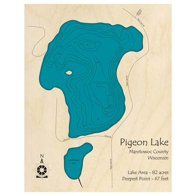 Bathymetric topo map of Pigeon Lake, WI with roads, towns and depths noted in blue water.