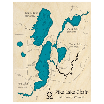 Bathymetric topo map of Pike Lake Chain, WI with roads, towns and depths noted in blue water.