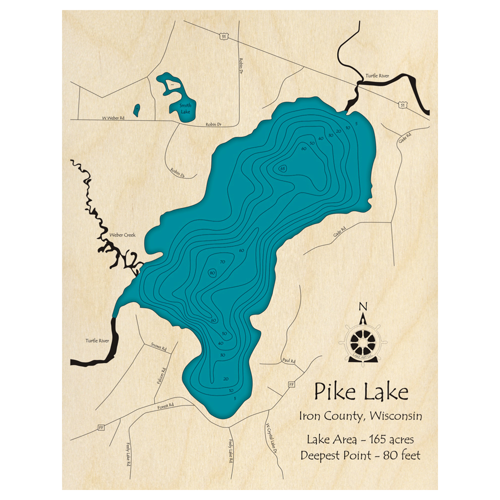 Bathymetric topo map of Pike Lake, WI with roads, towns and depths noted in blue water.