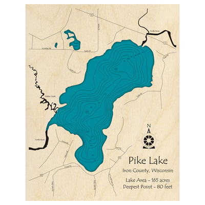 Bathymetric topo map of Pike Lake, WI with roads, towns and depths noted in blue water.