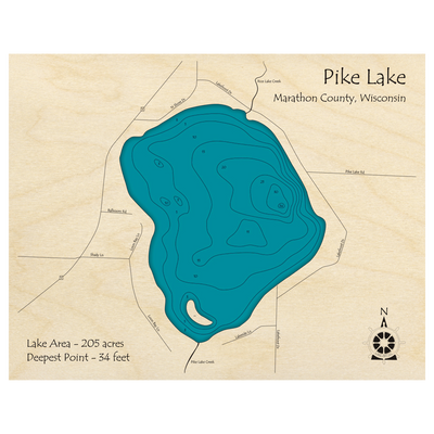 Bathymetric topo map of Pike Lake, WI with roads, towns and depths noted in blue water.