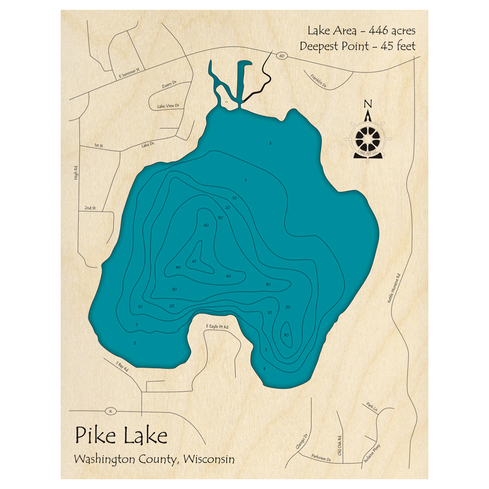 Bathymetric topo map of Pike Lake, WI with roads, towns and depths noted in blue water.