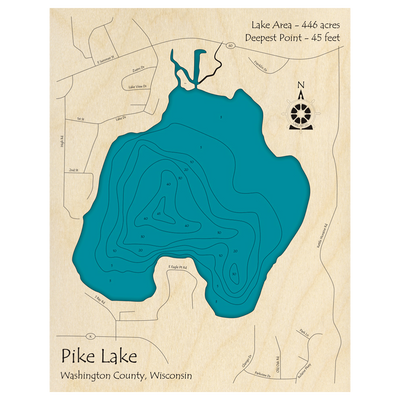 Bathymetric topo map of Pike Lake, WI with roads, towns and depths noted in blue water.