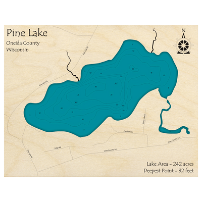 Bathymetric topo map of Pine Lake, WI with roads, towns and depths noted in blue water.