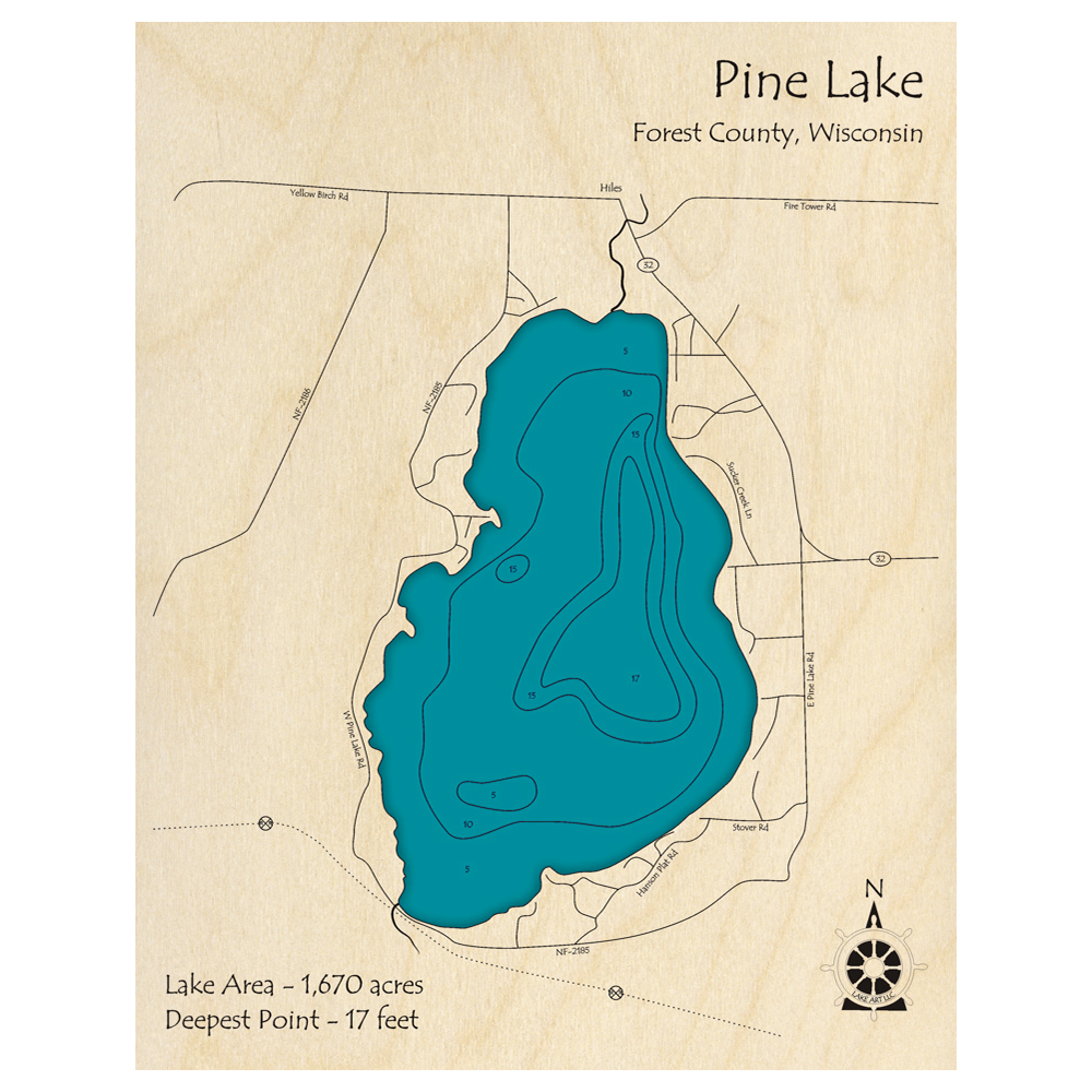 Bathymetric topo map of Pine Lake, WI with roads, towns and depths noted in blue water.