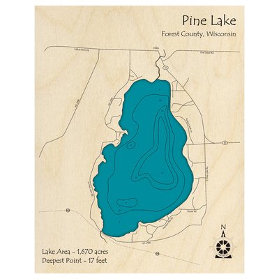 Bathymetric topo map of Pine Lake, WI with roads, towns and depths noted in blue water.